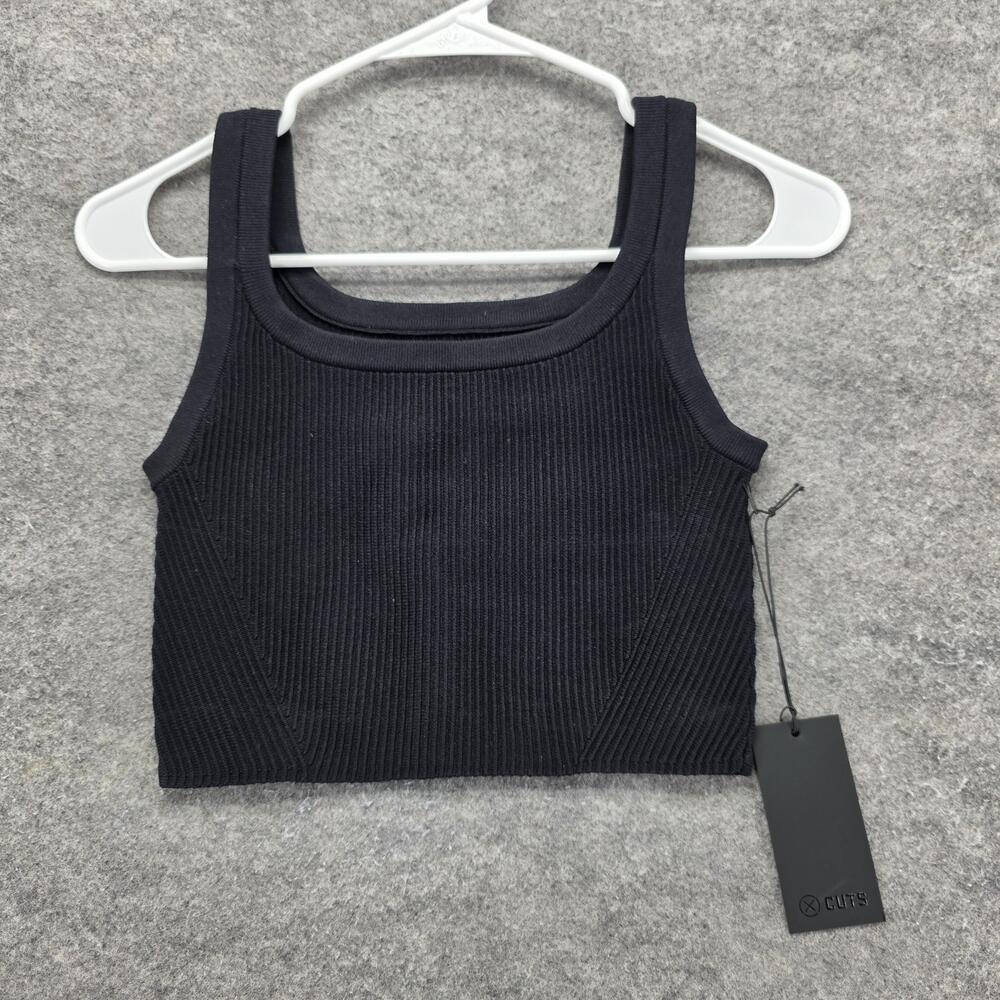 Cuts Tank Top Womens Small Black Ribbed Square Neck Cropped Knit Stretch Casual